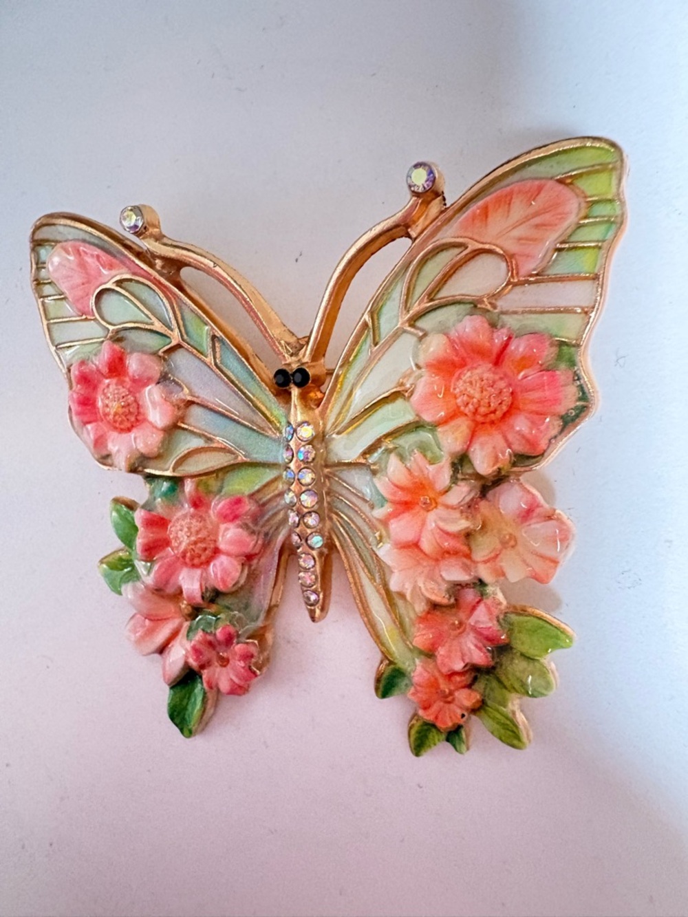 Whimsical Floral Butterfly Brooch in Pink and Green - Elegant Enamel Pin with AB